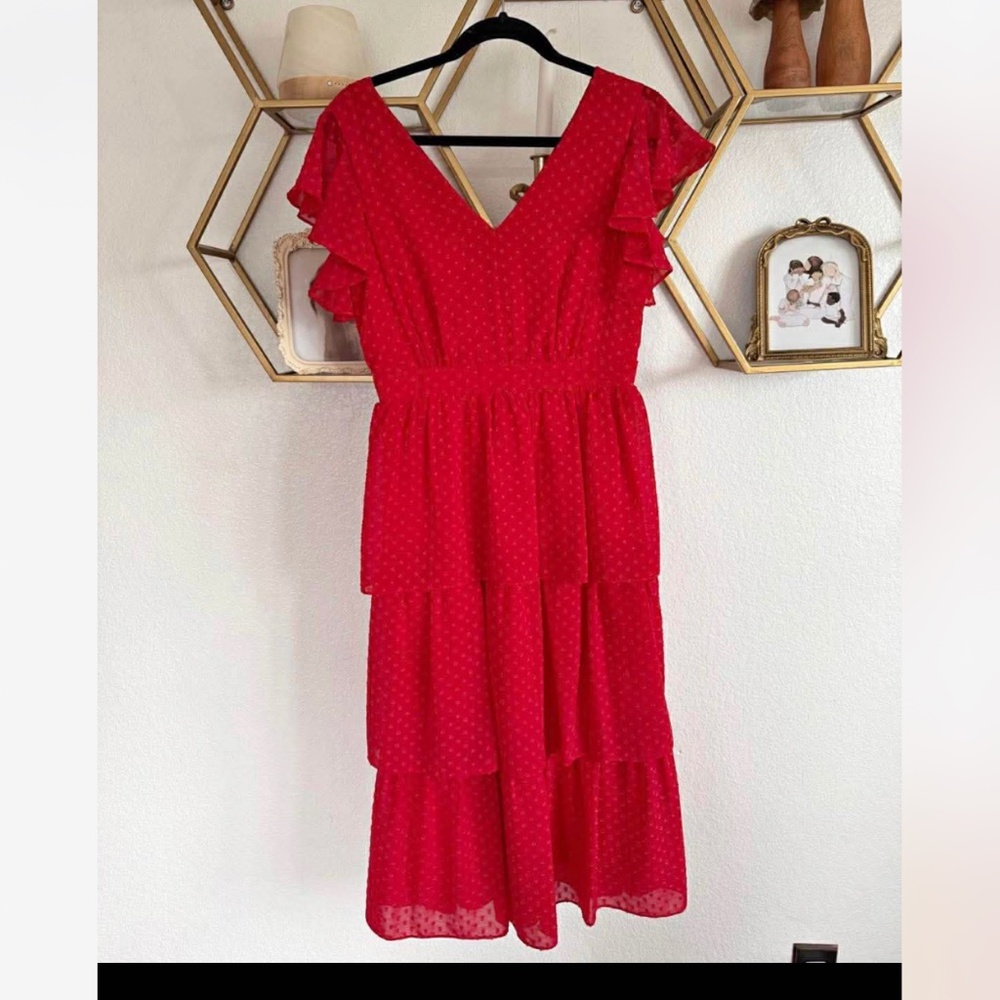 JULIA JORDAN~BNWT~Red Clip Dot V-Neck Tiered Chiffon Midi Dress~Size 2 SKU147 - Picture 3 of 5